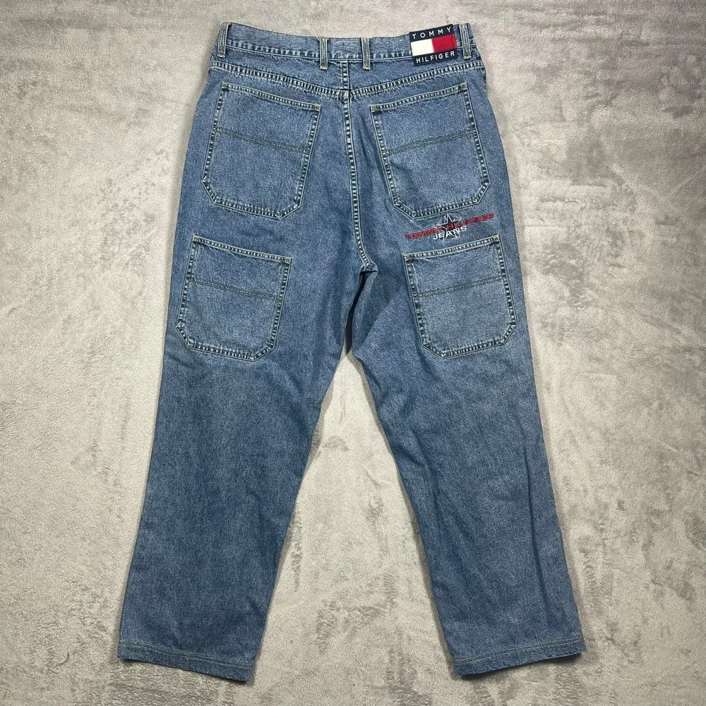 Tommy Hilfiger Jeans Vintage Mens 36(34)x32(30) Blue Denim Embroidered Logo Y2K